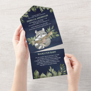 Navy Blue Woodland Niedlich Raccoon Babydusche All In One Einladung