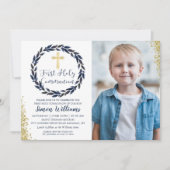 Navy Blue Wreath Gold First Heilige Kommune Foto Einladung (Vorderseite)