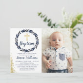 Navy Blue Wreath Gold Glitzer Boy Taufe Foto Einladung (Stehend Vorderseite)