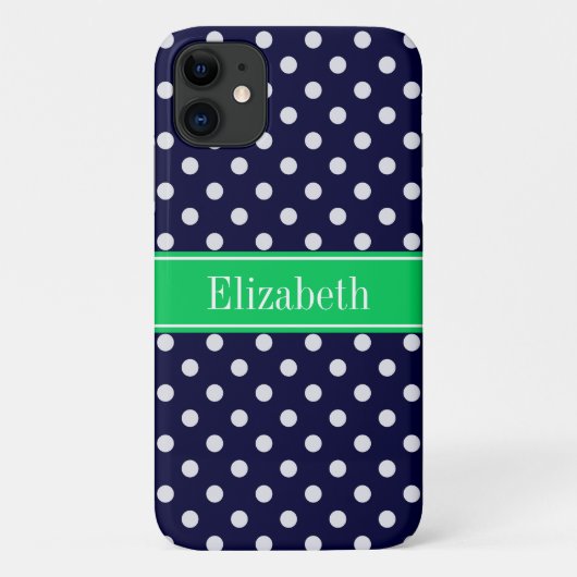 Navy Blue Wt Polka Dot Emerald Green Name Monogram Case-Mate iPhone Hülle (Rückseite)