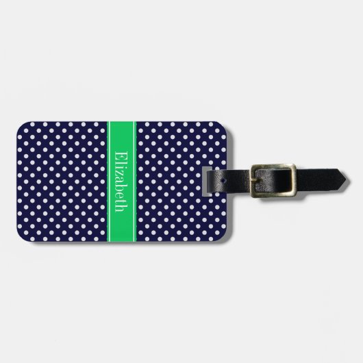 Navy Blue Wt Polka Dot Emerald Green Name Monogram Gepäckanhänger (Vorderseite horizontal)