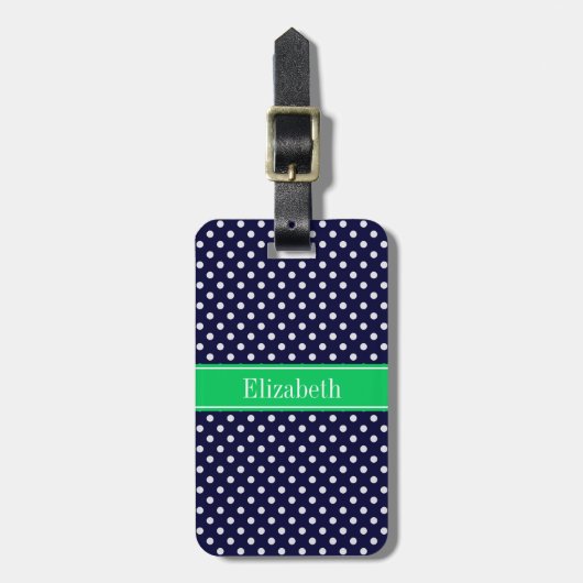 Navy Blue Wt Polka Dot Emerald Green Name Monogram Gepäckanhänger (Vorderseite vertikal)