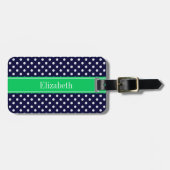 Navy Blue Wt Polka Dot Emerald Green Name Monogram Gepäckanhänger (Vorderseite horizontal)