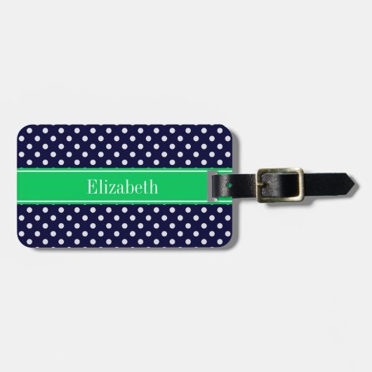 Navy Blue Wt Polka Dot Emerald Green Name Monogram Gepäckanhänger (Vorderseite horizontal)