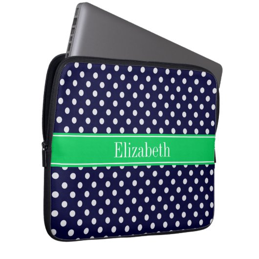 Navy Blue Wt Polka Dot Emerald Green Name Monogram Laptopschutzhülle (Vorne Rechts)