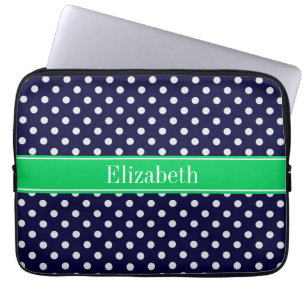 Navy Blue Wt Polka Dot Emerald Green Name Monogram Laptopschutzhülle