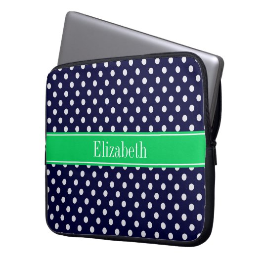 Navy Blue Wt Polka Dot Emerald Green Name Monogram Laptopschutzhülle (Vorderseite Links)