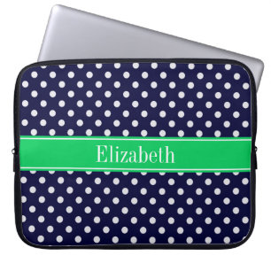Navy Blue Wt Polka Dot Emerald Green Name Monogram Laptopschutzhülle
