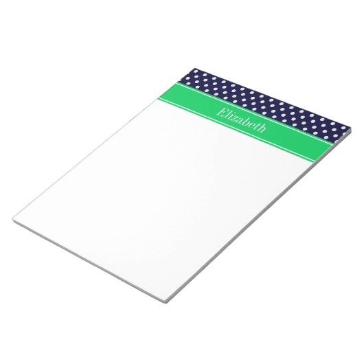 Navy Blue Wt Polka Dot Emerald Green Name Monogram Notizblock (angewinkelt)