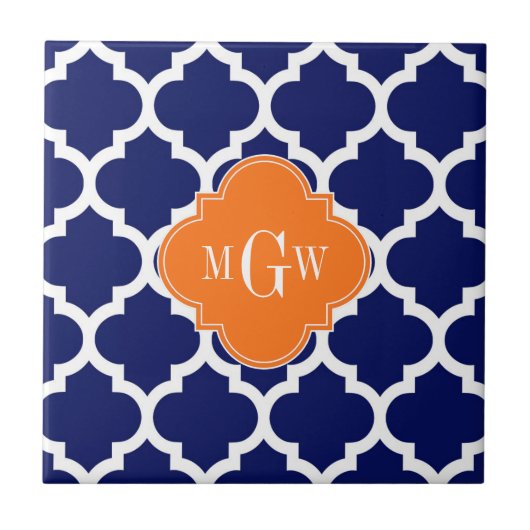 Navy Blue WT Zickzack Pumpkin Quatrefoil 3 Monogra Fliese (Vorderseite)