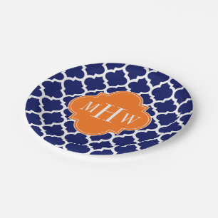Navy Blue WT Zickzack Pumpkin Quatrefoil 3 Monogra Pappteller