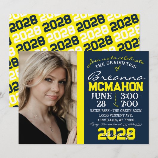 Navy Blue & Yellow Abschluss Foto Einladung (Vorne/Hinten)