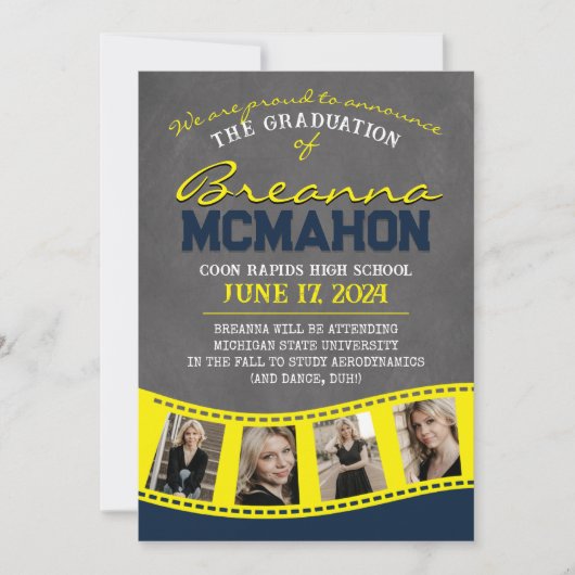 Navy Blue & Yellow Filmstrip Grad Ankündigung (Vorderseite)