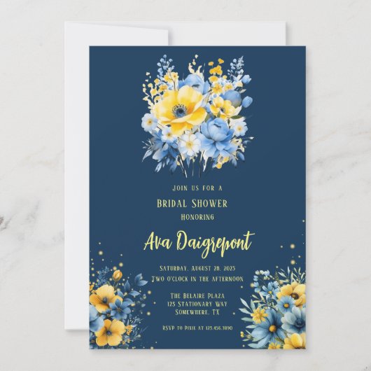 Navy Blue Yellow Floral Gold Brautparty Einladung (Vorderseite)