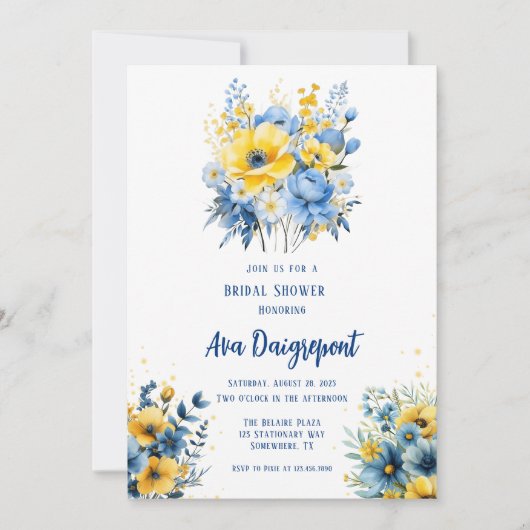 Navy Blue Yellow Floral Gold Brautparty Einladung (Vorderseite)
