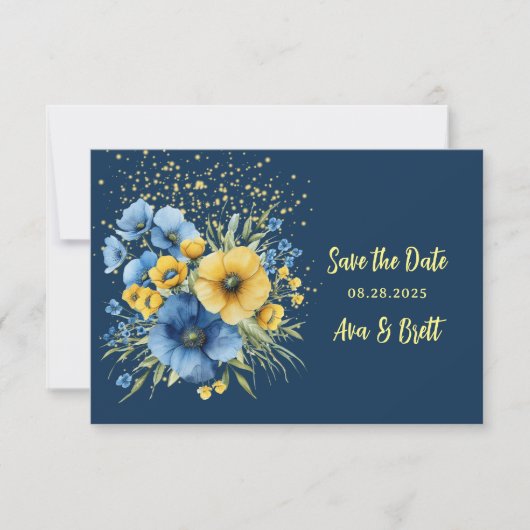 Navy Blue & Yellow Floral Gold retten die Datumska Save The Date (Vorderseite)