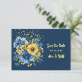Navy Blue & Yellow Floral Gold retten die Datumska Save The Date (Stehend Vorderseite)