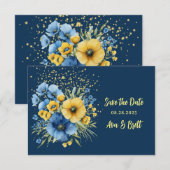 Navy Blue & Yellow Floral Gold retten die Datumska Save The Date (Vorne/Hinten)