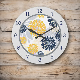 Navy Blue Yellow Flower Graphic Große Wanduhr