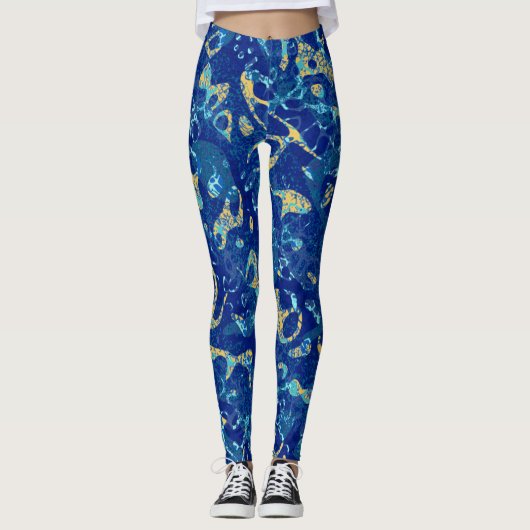 Navy Blue & Yellow Gepunktet Graphic Abstraction Leggings (Vorderseite)