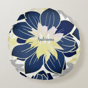 Navy Blue Yellow Grau Watercolor Floral Muster Rundes Kissen