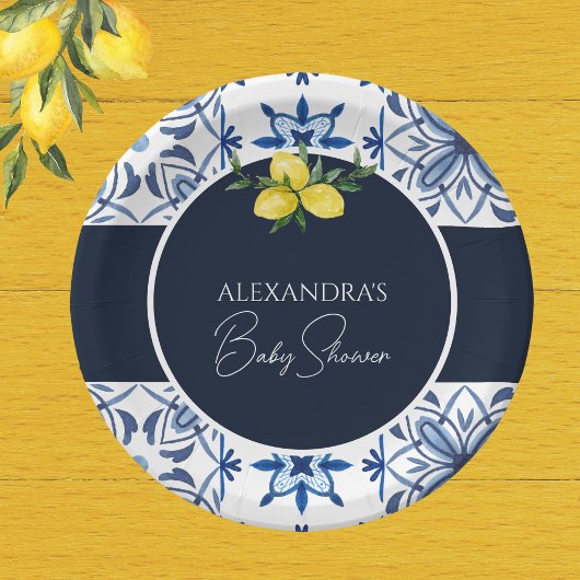 Navy Blue Yellow Lemon Baby Dusche Pappteller