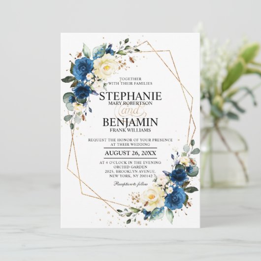 Navy Blue Yellow Rose Boho Geometric Wedding Invit Einladung (Stehend Vorderseite)