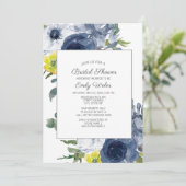 Navy Blue Yellow White Floral Brautparty Einladung (Stehend Vorderseite)