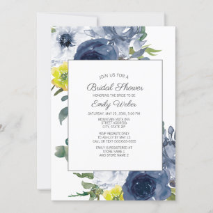 Navy Blue Yellow White Floral Brautparty Einladung