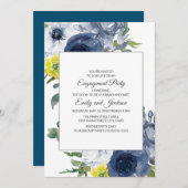 Navy Blue Yellow White Floral Verlobung Einladung (Vorne/Hinten)