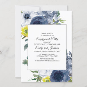 Navy Blue Yellow White Floral Verlobung Einladung
