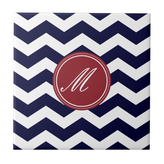 Navy Blue Zickzack mit Monogram Tiles Fliese (Vorderseite)