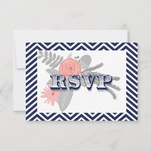 Navy Blue Zickzack Retro Typografy Wedding RSVP (Rückseite)