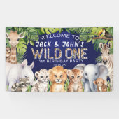 Navy Blue Zwillinge Dschungeltiere 1. Geburtstag B Banner (Horizontal)