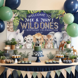 Navy Blue Zwillinge Dschungeltiere 1. Geburtstag B Banner