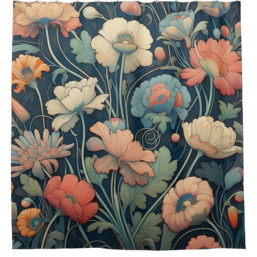 Navy Blümchen Duschvorhang (Vorderseite)