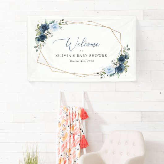 Navy Blume, Blumen, Babydusche Empfang Banner (Insitu)