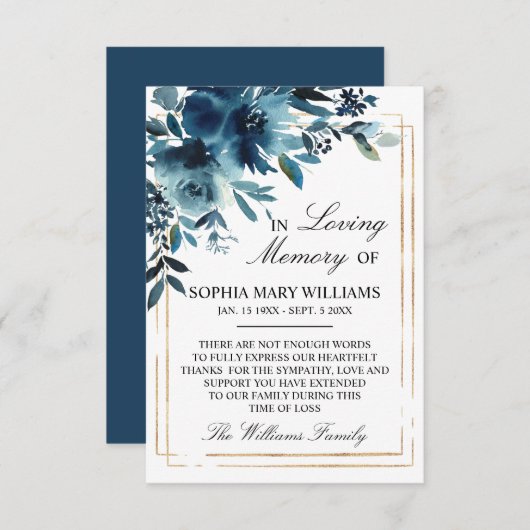 Navy Blume & Gold Beileid Memory Dankeschön Karte (Vorne/Hinten)