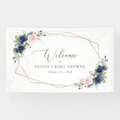 Navy Blume, rosa Blume, Baby Dusche Willkommen Banner (Horizontal)