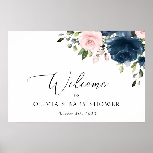 Navy Blume, rosa Blume, Baby Dusche Willkommen Poster (Vorne)