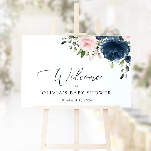 Navy Blume, rosa Blume, Baby Dusche Willkommen Poster
