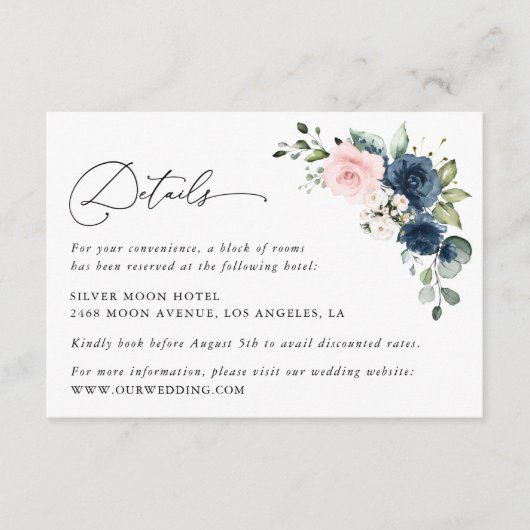 Navy Blume, rosa Blume, Blumenzettel Begleitkarte (Vorderseite)