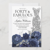 Navy Blume & Silver Diamond Dress 40. Geburtstag Einladung (Vorderseite)