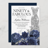Navy Blume & Silver Diamond Dress 90. Geburtstag Einladung (Vorne/Hinten)