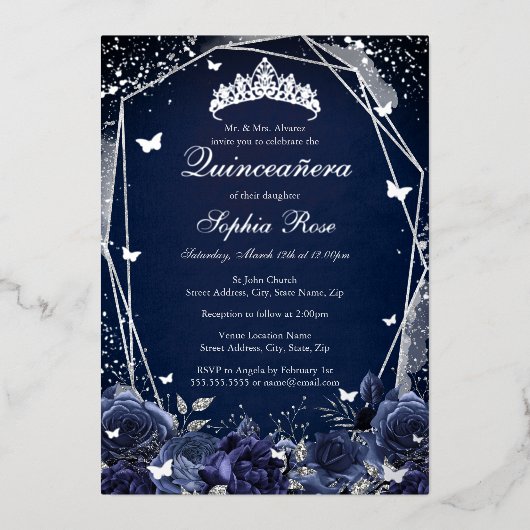 Navy Blume Tiara Silver Quinceanera Folieneinladung (Vorderseite)