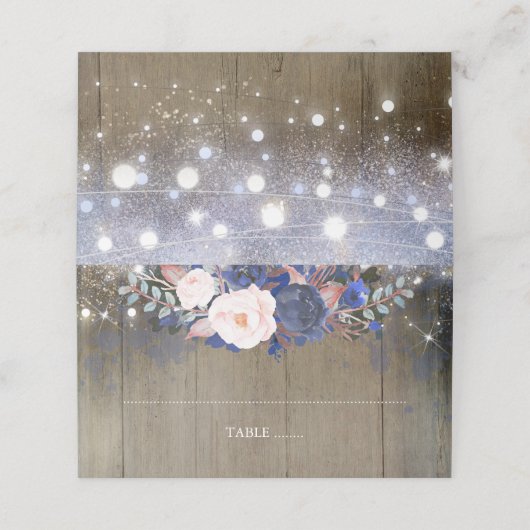 Navy Blume und String Lights rustikal Platzkarte (Außenseite Aufgefaltet)