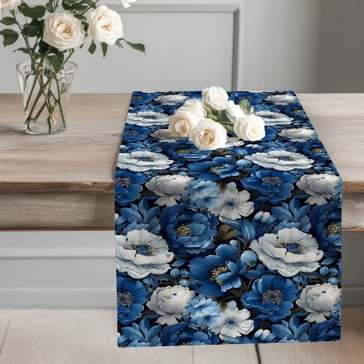 Navy Blumen Blau-Weißer Tischläufer