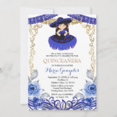 Navy Blumen Gold Quinceanera Einladung (Vorderseite)