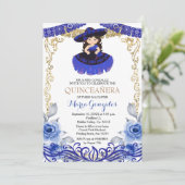 Navy Blumen Gold Quinceanera Einladung (Stehend Vorderseite)