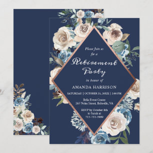 Navy-Blumen-Roségold-Ruhestandsfeier Einladung